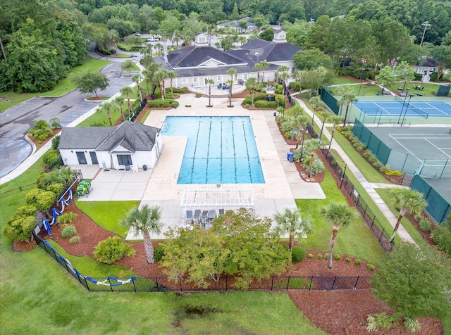 aerial view of residential area featuring a pool area