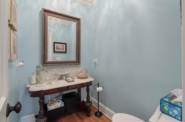 bathroom with a sink, baseboards, wood finished floors, and toilet