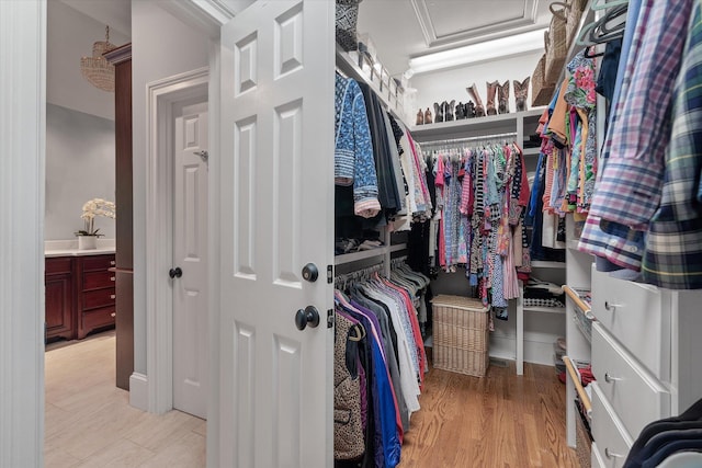 walk in closet with light wood-type flooring and attic access