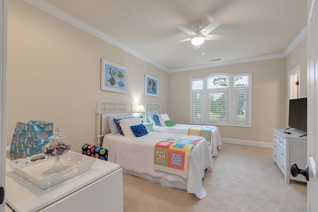 bedroom featuring ornamental molding, light carpet, baseboards, and a ceiling fan