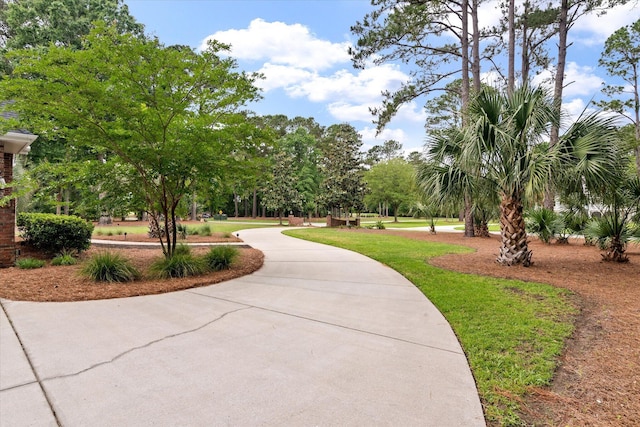 view of property's community featuring a lawn