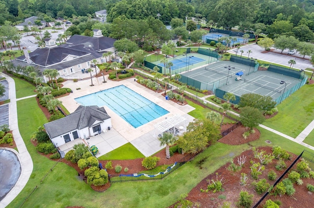 drone / aerial view of a pool