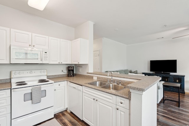 kitchen featuring sink, dark hardwood / wood-style floors, kitchen peninsula, white appliances, and white cabinets