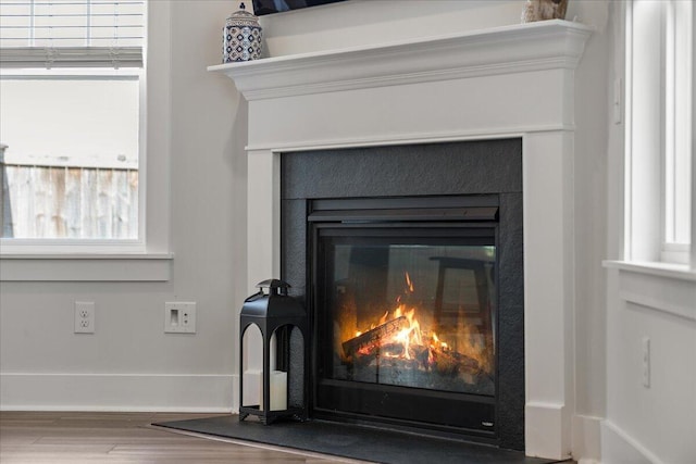 room details with baseboards, wood finished floors, and a glass covered fireplace