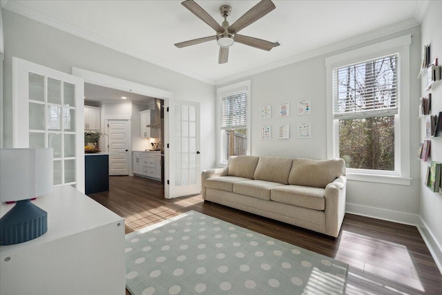 living room with baseboards, a healthy amount of sunlight, ornamental molding, and dark wood-style flooring