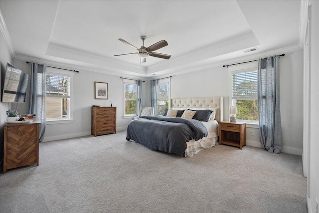 carpeted bedroom with a raised ceiling and multiple windows