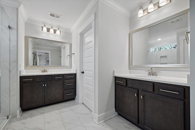 full bath with visible vents, marble finish floor, tiled shower, and a sink