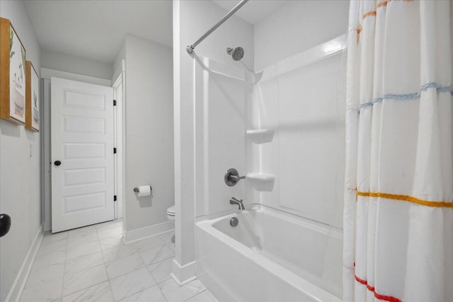 bathroom with shower / bathtub combination with curtain, baseboards, toilet, and marble finish floor