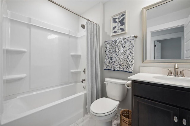 full bathroom with shower / bath combo with shower curtain, toilet, and vanity