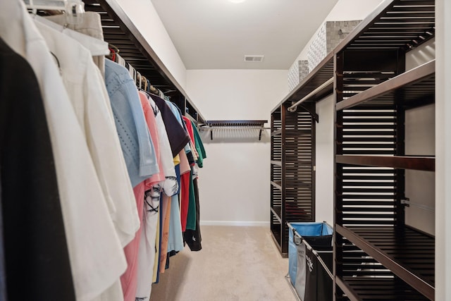 spacious closet featuring light colored carpet