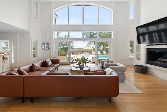 living area with plenty of natural light, a fireplace, and wood finished floors