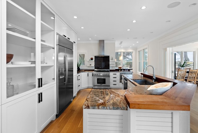 kitchen with premium appliances, crown molding, light wood-type flooring, wall chimney range hood, and a sink