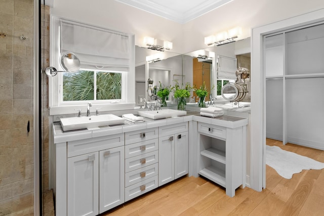 bathroom featuring double vanity, ornamental molding, a sink, and wood finished floors