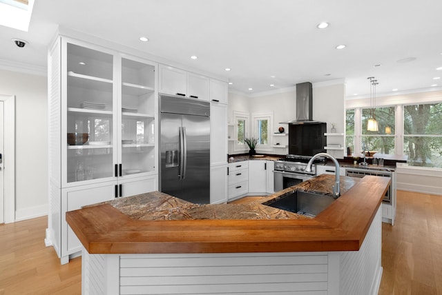 kitchen with premium appliances, wall chimney exhaust hood, crown molding, light wood-type flooring, and a sink