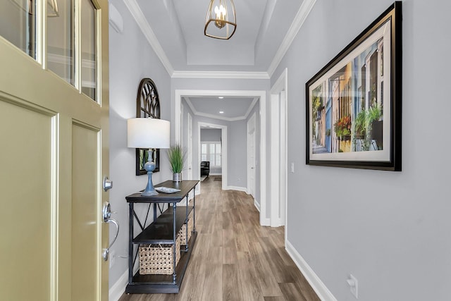 entryway with ornamental molding and wood-type flooring