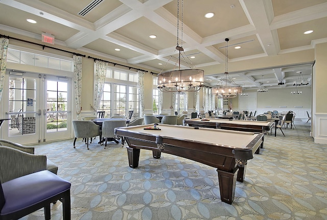 rec room featuring billiards, coffered ceiling, light carpet, french doors, and beamed ceiling