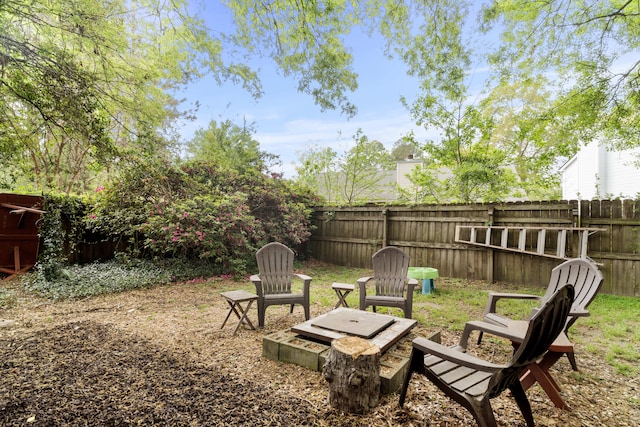 view of yard featuring a fenced backyard and an outdoor fire pit