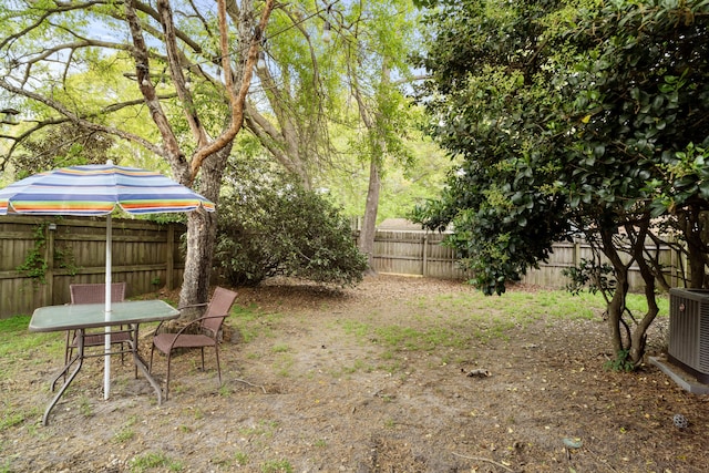 view of yard with central AC unit and a fenced backyard