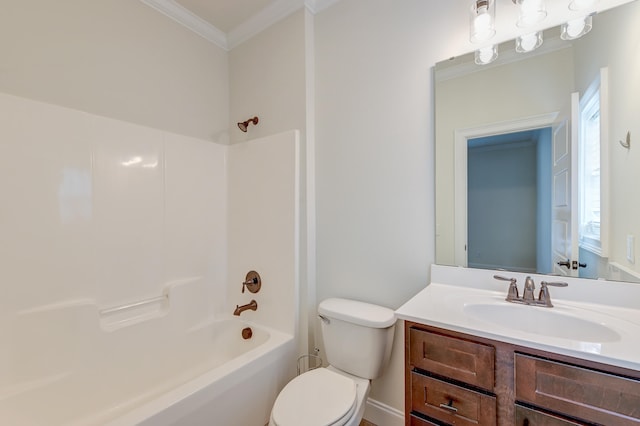 full bathroom with toilet, shower / bathing tub combination, vanity, and crown molding