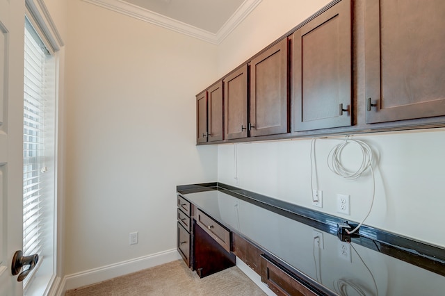 interior space featuring ornamental molding and light colored carpet