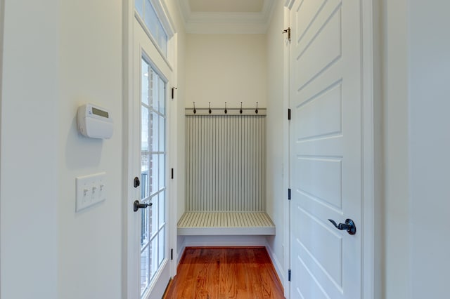 mudroom featuring wood-type flooring and crown molding