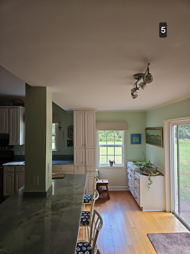 dining space with a healthy amount of sunlight and light hardwood / wood-style flooring