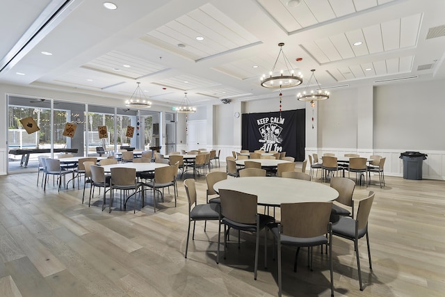 dining space with coffered ceiling, wainscoting, and light wood-style floors