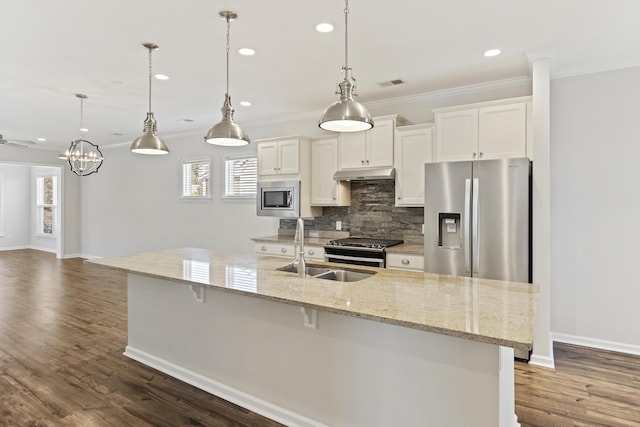 kitchen featuring under cabinet range hood, backsplash, a sink, visible vents, and appliances with stainless steel finishes