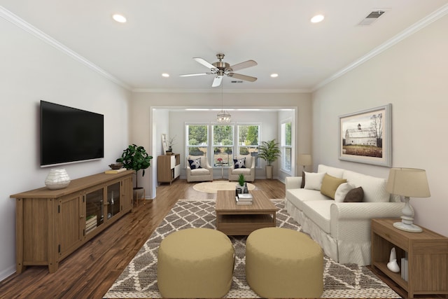 living area featuring visible vents, crown molding, recessed lighting, and dark wood-style flooring