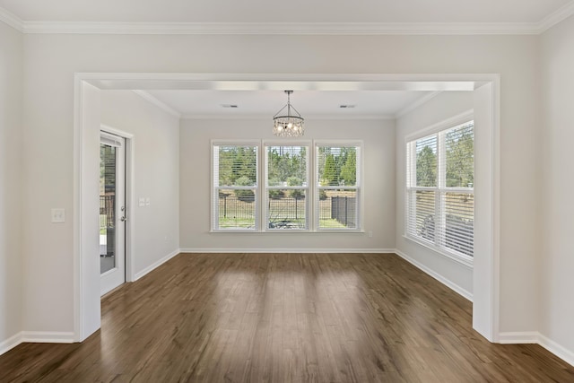 interior space featuring baseboards, an inviting chandelier, and dark wood finished floors