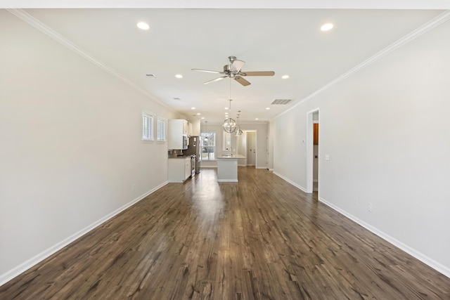 unfurnished living room featuring visible vents, crown molding, baseboards, recessed lighting, and dark wood-style floors