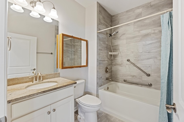 bathroom featuring toilet, vanity, and shower / tub combo with curtain