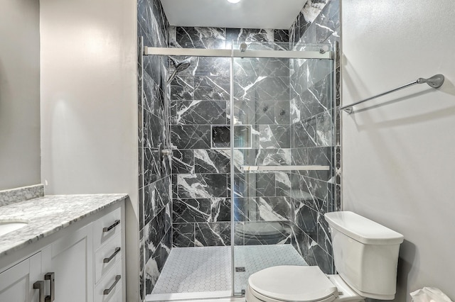 full bath with toilet, vanity, and a shower stall