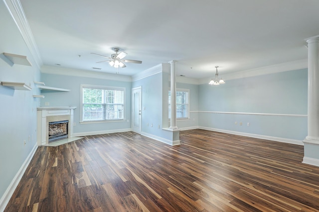 unfurnished living room featuring decorative columns, a fireplace with flush hearth, dark wood-style flooring, ceiling fan, and baseboards