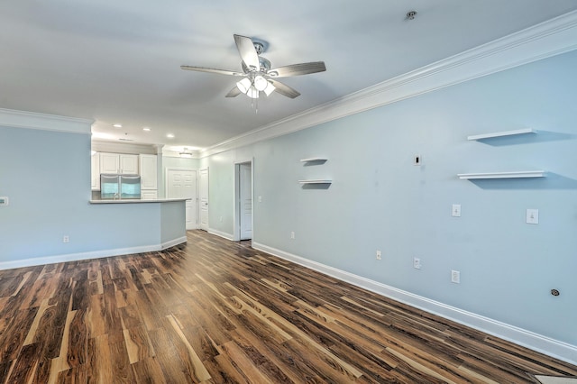 unfurnished living room featuring ornamental molding, a ceiling fan, dark wood-style floors, baseboards, and recessed lighting