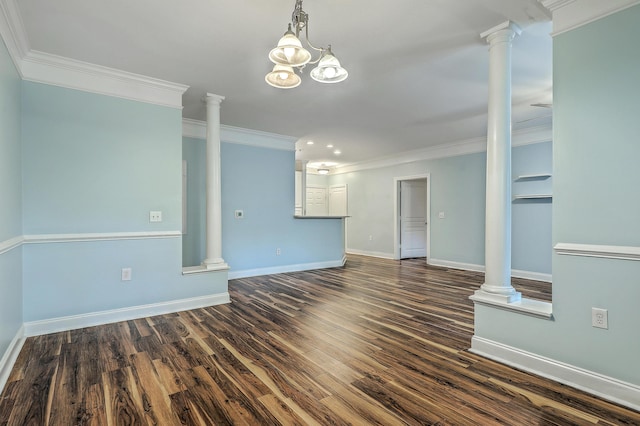 unfurnished living room featuring decorative columns, ornamental molding, dark wood finished floors, and recessed lighting