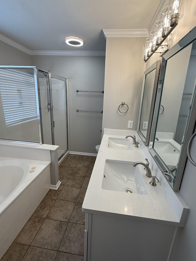 full bathroom with tile patterned flooring, vanity, ornamental molding, shower with separate bathtub, and toilet