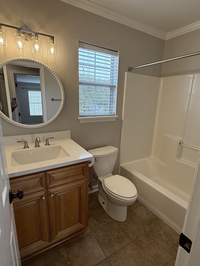 full bathroom featuring crown molding,  shower combination, tile patterned flooring, vanity, and toilet