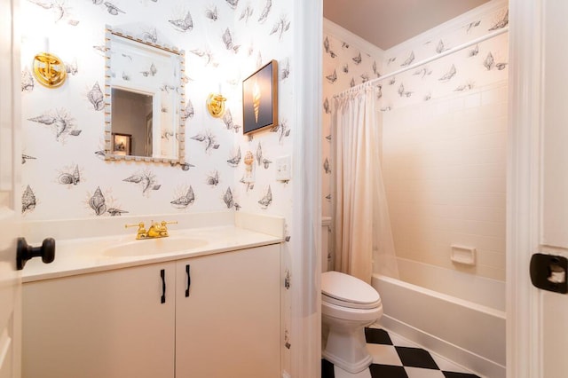 full bathroom with shower / bath combo, vanity, and toilet