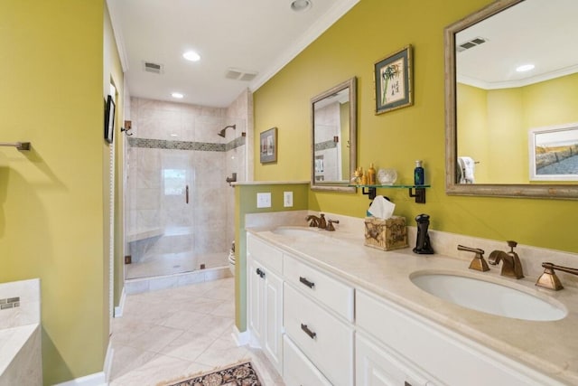 full bathroom featuring tile patterned floors, vanity, shower with separate bathtub, and ornamental molding