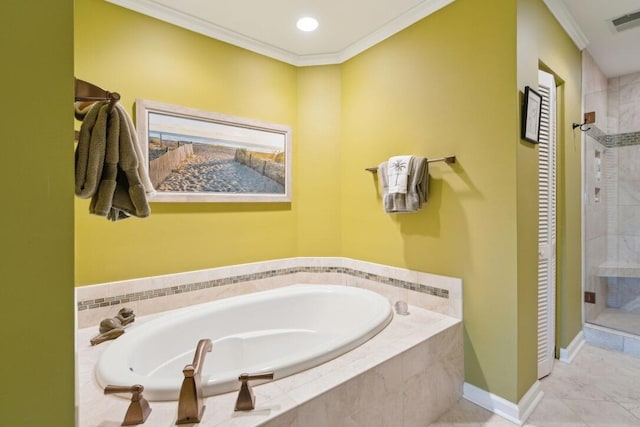 bathroom featuring tile patterned floors, crown molding, and plus walk in shower