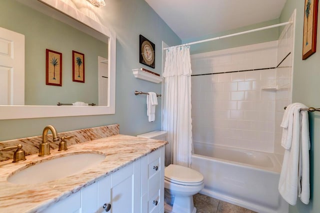 full bathroom featuring tile patterned flooring, vanity, shower / bath combination with curtain, and toilet