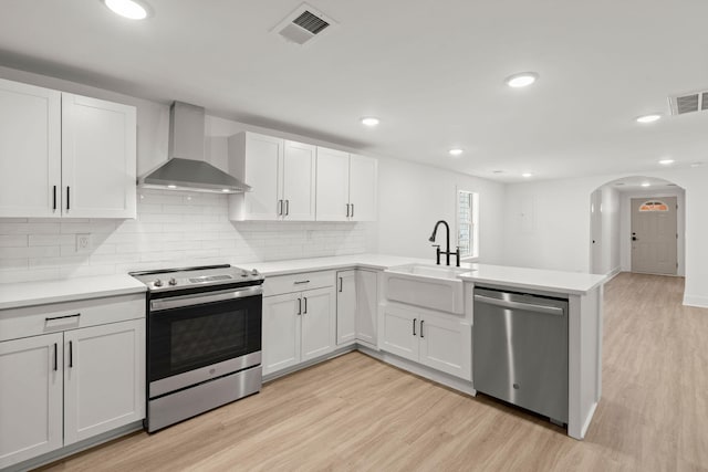 kitchen with wall chimney range hood, sink, white cabinetry, kitchen peninsula, and stainless steel appliances