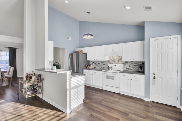 kitchen with white range with electric cooktop, hanging light fixtures, freestanding refrigerator, white cabinetry, and a peninsula