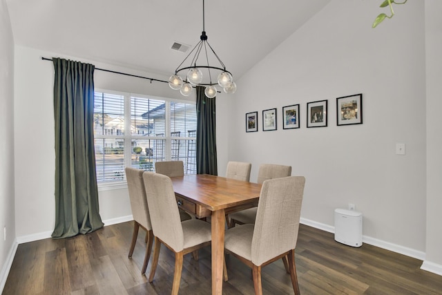 dining space with lofted ceiling, dark wood-type flooring, baseboards, and a notable chandelier