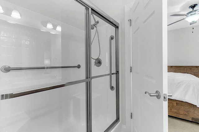 bathroom with walk in shower, wooden walls, and ceiling fan