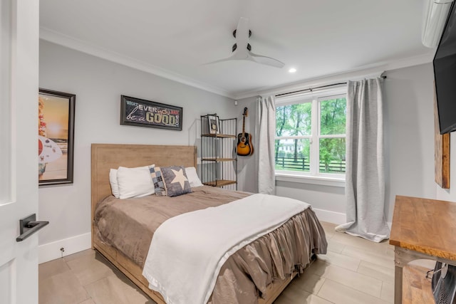 bedroom featuring ornamental molding and ceiling fan