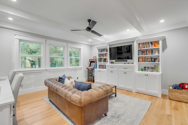 living room with beam ceiling, ceiling fan, and light hardwood / wood-style floors