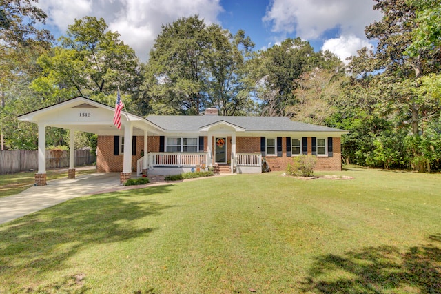 ranch-style house featuring a front yard and a porch