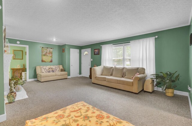 carpeted living room with a textured ceiling, crown molding, and a brick fireplace